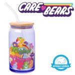 Silver Buffalo Care Bears Retro Flower Power Caring is Groovy Featuring Funshine, Friend, Good Luck, Harmony, Cheer Bear Purple Glass Jar Tumbler with Bamboo Lid and Glass Straw, 16 Ounces