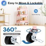 OLIXIS 3 Tier Utility Rolling Cart, Metal Mobile Storage Shelf with Lockable Caster Wheels, Organization for Livingroom, Bathroom, Kitchen, & Narrow Places, Pink