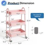 OLIXIS 3 Tier Utility Rolling Cart, Metal Mobile Storage Shelf with Lockable Caster Wheels, Organization for Livingroom, Bathroom, Kitchen, & Narrow Places, Pink