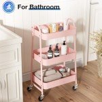 OLIXIS 3 Tier Utility Rolling Cart, Metal Mobile Storage Shelf with Lockable Caster Wheels, Organization for Livingroom, Bathroom, Kitchen, & Narrow Places, Pink