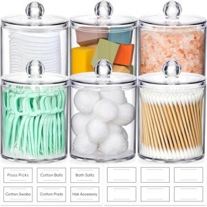 AOZITA 6 Pack Acrylic Qtip Holder Dispenser for Cotton,Swab, Ball, Round Pads, Floss Picks - Clear Plastic Apothecary Jar Set, Bathroom Canister Storage Organization, Vanity Makeup Organizer