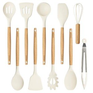 CAROTE Silicon Cooking Utensils Set for Kitchen,446°F Heat Resistant 10 pcs Non-Stick Cooking Set with Wooden Handle Spatula Turner Spoon Tongs Whisk