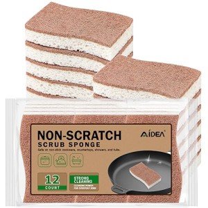 AIDEA Non-Scratch Scrub Sponge-12Count, Natural Sponges for Non-Stick Cookware, Sponges Kitchen, Cellulose Sponges for Dishes, Cleaning Sponge for Kitchen, Bathroom, Household