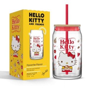 JoyJolt Sanrio Hello Kitty and Friends Favorite Flavor Glass Tumbler with Bamboo Lid and Straw, Leakproof 16oz Clear Soda Can Shaped Cup featuring Hello Kitty, Hello Kitty Merch