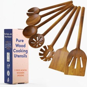 Non-Toxic Cooking Utensils – 7-Piece Kitchen Utensils Set, Glue-Free & One-Piece Wooden Spoons for Cooking, Natural Wooden Utensil Set with Plant-Based Finish, Free of Forever Chemicals
