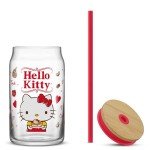 JoyJolt Sanrio Hello Kitty and Friends Favorite Flavor Glass Tumbler with Bamboo Lid and Straw, Leakproof 16oz Clear Soda Can Shaped Cup featuring Hello Kitty, Hello Kitty Merch