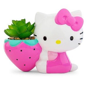 Toynk Sanrio Hello Kitty Strawberry 5-Inch Ceramic Planter with Artificial Succulent | Cute Flower Pot, Faux Indoor Plants