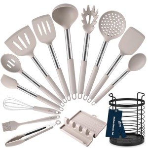 HOTEC Heat Resistant Silicone Kitchen Utensils, Cooking Utensil Set, Spatula Set, BPA Free, Kitchen Gadgets, With Stainless Steel Utensils Holder, Dishwasher Safe 14pcs Khaki