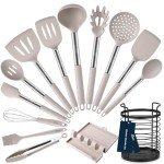 HOTEC Heat Resistant Silicone Kitchen Utensils, Cooking Utensil Set, Spatula Set, BPA Free, Kitchen Gadgets, With Stainless Steel Utensils Holder, Dishwasher Safe 14pcs Khaki