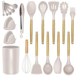 Silicone Kitchen Cooking Utensils Set - Heat Resistant/Non-stick/Non Toxic/BPA Free Silicon Spoons Spatula Whisk Tongs Wooden Handle Kitchen Gadgets Utensil Set with Holder (Khaki)