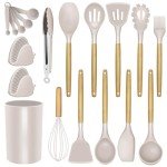 Silicone Kitchen Cooking Utensils Set - Heat Resistant/Non-stick/Non Toxic/BPA Free Silicon Spoons Spatula Whisk Tongs Wooden Handle Kitchen Gadgets Utensil Set with Holder (Khaki)