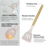 Silicone Kitchen Cooking Utensils Set - Heat Resistant/Non-stick/Non Toxic/BPA Free Silicon Spoons Spatula Whisk Tongs Wooden Handle Kitchen Gadgets Utensil Set with Holder (Khaki)