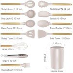 Silicone Kitchen Cooking Utensils Set - Heat Resistant/Non-stick/Non Toxic/BPA Free Silicon Spoons Spatula Whisk Tongs Wooden Handle Kitchen Gadgets Utensil Set with Holder (Khaki)