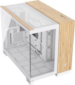 CORSAIR 2500X Small-Tower mATX Dual Chamber PC Case – Panoramic Tempered Glass – Reverse Connection Motherboard Compatible – No Fans Included – White/Bamboo Wood