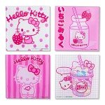 Sanrio Hello Kitty Strawberry Milk Glass Coasters for Drinks, Set of 4 | Tabletop Protection for Home Kitchen, Dining Room Table