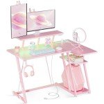 MOTPK Pink Gaming Desk L Shaped with LED Lights, Small Corner Computer Desk 39inch with Power Outlets, Gaming Table with PC Storage Shelf, Gamer Table with Monitor Shelf, Carbon Fiber Texture