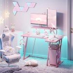MOTPK Pink Gaming Desk L Shaped with LED Lights, Small Corner Computer Desk 39inch with Power Outlets, Gaming Table with PC Storage Shelf, Gamer Table with Monitor Shelf, Carbon Fiber Texture