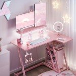 MOTPK Pink Gaming Desk L Shaped with LED Lights, Small Corner Computer Desk 39inch with Power Outlets, Gaming Table with PC Storage Shelf, Gamer Table with Monitor Shelf, Carbon Fiber Texture