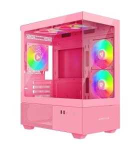 Apevia Phantom-PK Phantom Micro-ATX Dual-Chamber Gaming PC Case w/ 5X 120mm ARGB Fans, 366 RGB Modes, Dual Tempered Glass Panels, 240mm Radiator Support, 2X USB3.0, HD Audio Port, Pink