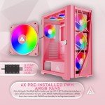 Apevia Aurora-PK Aurora Mid Tower Gaming PC Case w/ 6X 120mm PWM ARGB Fans, 366 RGB Light Modes, 1x Glass & Mesh Front Panel, 1x Door Swivel Style Magnetic Glass Side Panel, 2X USB3.0, Pink…