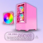 Apevia Eclipse-PK Eclipse Mid Tower Gaming PC Case w/ 5X 120mm ARGB Fans, 366 RGB Light Modes, Minimalistic Honeycomb Design, Tempered Glass Front & Side Panels, 1X USB3.0, 2X USB2.0, Pink