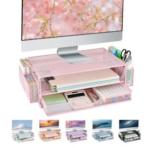 AUPSEN Computer Monitor Stands with Drawers and 2 Pen Holder, Desk Accessories & Workspace Desk Organizers, Monitor Stand for Computer, Laptop, Printer, Office Supplies(Pink)