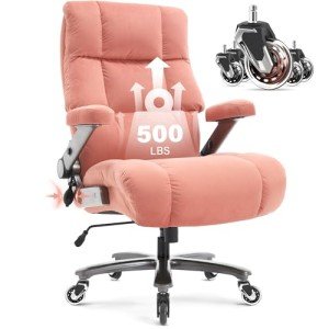 Big and Tall Office Chair 500lbs- Executive Desk Chair with Adjustable Lumbar Support 3D Flip UP Arms- Heavy Duty Quiet Wheels Metal Base Ergonomic Computer Chairs, Pink