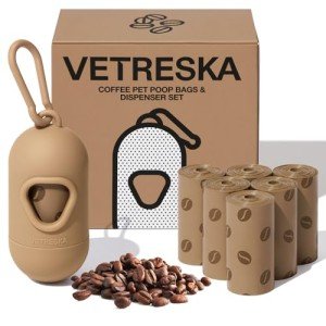 VETRESKA Dog Waste Bag Dispenser with Coffee Scent - Leak Proof, Extra Thick Pet Waste Bags - 1 Bag Holder, 105 Bags (7 Refill Rolls) for Dogs and Cats