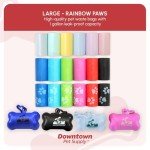 Downtown Pet Supply Poop Bags for Dogs with Dispenser, 1000 Count - Leak-Proof Dog Waste Bags and Bone-Shaped Dog Poop Bags Holder for Leash - Rainbow with Paw Prints, 12.5" x 8.5"