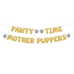 BEISHIDA Glitter Gold Pawty Time Mother Puppers Banner - NO DIY - The Pet Birthday Banner - Puppy Birthday Decorations，Cute Cat/Dog Birthday Party Supplies，Dog Paw Party Bunting Sign，Puppy Dog Pennant Décor