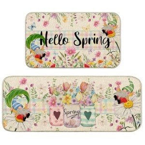 Unibyby Spring Kitchen Rugs Spring Floral Flowers Kitchen Mat for Floor, Buffalo Plaid Check Kitchen Rugs and Mats Non Skid Washable Set of 2, Decorative Kitchen Decor 17x29 and 17x47 Inch