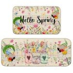 Unibyby Spring Kitchen Rugs Spring Floral Flowers Kitchen Mat for Floor, Buffalo Plaid Check Kitchen Rugs and Mats Non Skid Washable Set of 2, Decorative Kitchen Decor 17x29 and 17x47 Inch