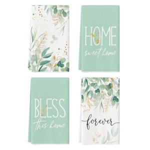 Artoid Mode Green Eucalyptus Home Motto Spring Kitchen Towels Dish Towels, 18x26 Inch Farmhouse Decoration Hand Towels Set of 4
