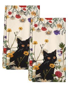 Miss Adola Flour Sack Kitchen Towels - Set of 2 Spring Dish Towels with Hanging Loop 18x26 Inch Absorbent Reusable Cotton Cloths for Cleaning Cute Design Home Decorative Housewarming, Cat in Grass