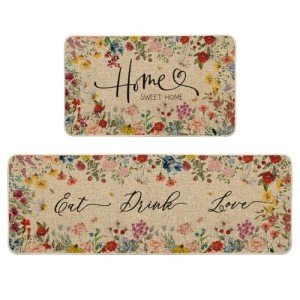 Artoid Mode Vintage Butterfly Flowers Spring Kitchen Mats Set of 2, Summer Home Decor Low-Profile Kitchen Rugs for Floor - 17x29 and 17x47 Inch