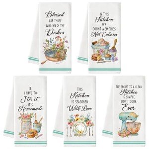 5Pcs Funny Country Kitchen Dish Towel Set, Absorbent Floral Kitchen Dish Tea Towels Quick Dry Cloth, Cute House Bath Bar Hand Dishcloths Decorative Christmas Birthday Gift for Mom Women Friend