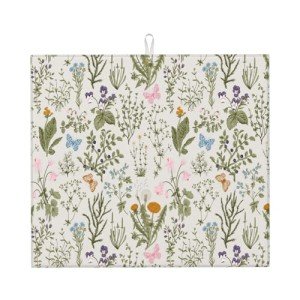 Vintage Floral Kitchen Drying Mat Herbs and Wild Flowers Microfiber Dish Drainer Mat for Kitchen Counter Cute Botanic Spring Summer Drying Pad Absorbent Reusable Washable 16x18 Inch