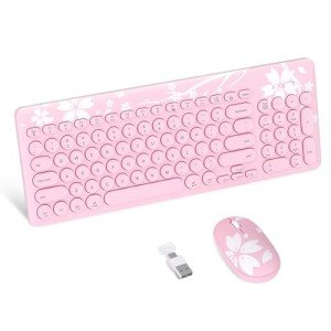 Mytrix Sakura Wireless Keyboard and Mouse Combo, Cute Pink Retro Typewriter Round Keys, 2.4G USB & Typc-C Receiver Slim Keyboard Mouse Set with Numeric Keypad for Computer, Laptop, Desktops, PC, Mac