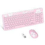 Mytrix Sakura Wireless Keyboard and Mouse Combo, Cute Pink Retro Typewriter Round Keys, 2.4G USB & Typc-C Receiver Slim Keyboard Mouse Set with Numeric Keypad for Computer, Laptop, Desktops, PC, Mac