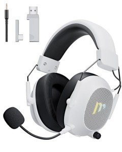 Mytrix Tac Master 2.4GHz Wireless Gaming Headset with Noise Canceling Microphone for PC, PS4, PS5, Mac, Bluetooth 5.3 Gaming Headphones with RGB Light, Surround Sound, 50H Battery (White)