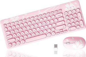 Mytrix Cute Sakura Pink Wireless Keyboard Mouse Combo, Retro Type-Writer Keys, 2.4G USB Slim Keyboard Mouse Set with Numeric Keypad for Computer, Laptop, Desktops, Pc, Mac(KMCS01) (Renewed)