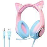 Mytrix Wired Gaming Headset with Mic for PS4, PS5, Xbox, PC, Mac, Switch, Cat Ear Gaming Headphones with 360° Rotation Microphone, Surround Sound, Soft Earmuff, RGB Light Effect - Gradient Pink Blue