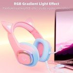 Mytrix Wired Gaming Headset with Mic for PS4, PS5, Xbox, PC, Mac, Switch, Cat Ear Gaming Headphones with 360° Rotation Microphone, Surround Sound, Soft Earmuff, RGB Light Effect - Gradient Pink Blue