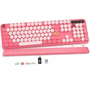 Wireless Keyboard, Round Keycaps, Retro Typewriter Keyboard with Detachable Wrist Rest, Sleep Mode, Foldable Legs, 2.4GHz Full-size Cordless Computer Keyboard for Windows/PC/Laptop (Colorful-Pink)
