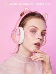 PHNIXGAM Cat Ear Gaming Cute Headset, Wired Over-Ear Headphones with Retractable Microphone, Surround Sound, LED Backlight for PS4, PS5, Xbox One(No Adapter), PC, Mobile Phone (Light Pink)
