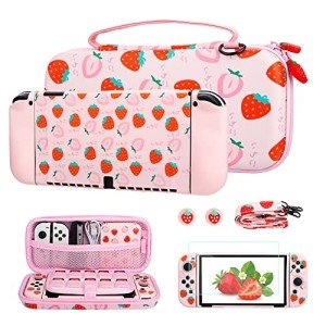 FUNDIARY Pink Strawberry Travel Carrying Case for Nintendo Switch OLED, Portable Accessories Kit with Shouckproof Storage Bag, Soft TPU Protective Case, Screen Protector, Shoulder Strap & 2 Thumb Caps
