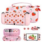 FUNDIARY Pink Strawberry Travel Carrying Case for Nintendo Switch OLED, Portable Accessories Kit with Shouckproof Storage Bag, Soft TPU Protective Case, Screen Protector, Shoulder Strap & 2 Thumb Caps