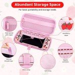 FUNDIARY Pink Strawberry Travel Carrying Case for Nintendo Switch OLED, Portable Accessories Kit with Shouckproof Storage Bag, Soft TPU Protective Case, Screen Protector, Shoulder Strap & 2 Thumb Caps