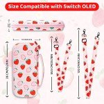 FUNDIARY Pink Strawberry Travel Carrying Case for Nintendo Switch OLED, Portable Accessories Kit with Shouckproof Storage Bag, Soft TPU Protective Case, Screen Protector, Shoulder Strap & 2 Thumb Caps