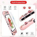 FUNDIARY Pink Strawberry Travel Carrying Case for Nintendo Switch OLED, Portable Accessories Kit with Shouckproof Storage Bag, Soft TPU Protective Case, Screen Protector, Shoulder Strap & 2 Thumb Caps